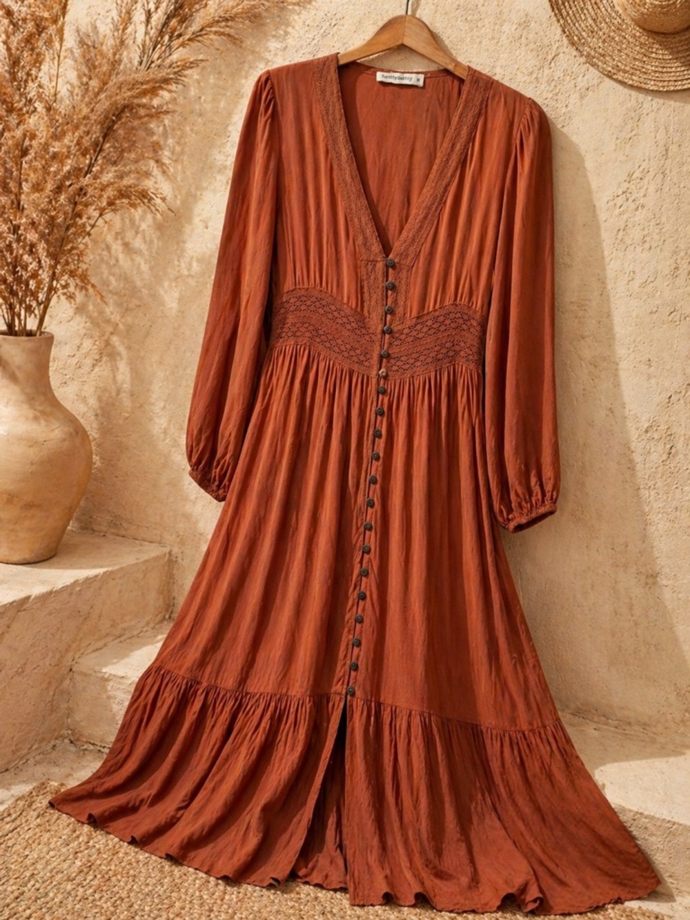 Rusttydustty Boho Prairie Maxi Dress Rust Button Front Cottagecore Earthy M - Picture 2 of 13